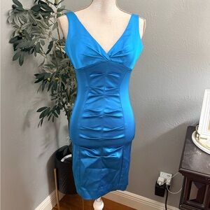 Cache Vibrant Blue V-Neck Midi Sheath Dress
